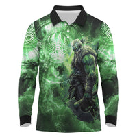 Norse Viking Warrior with Axe Long Sleeve Polo Shirt Celtic Knot Nordic Fantasy Lightning Art