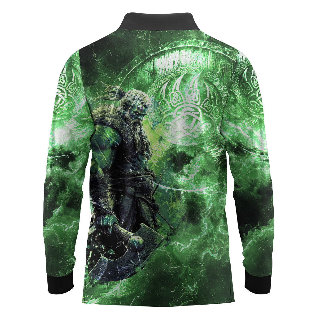 Norse Viking Warrior with Axe Long Sleeve Polo Shirt Celtic Knot Nordic Fantasy Lightning Art