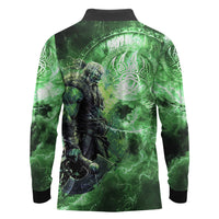 Norse Viking Warrior with Axe Long Sleeve Polo Shirt Celtic Knot Nordic Fantasy Lightning Art