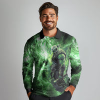 Norse Viking Warrior with Axe Long Sleeve Polo Shirt Celtic Knot Nordic Fantasy Lightning Art