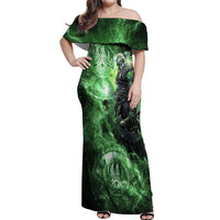Norse Viking Warrior with Axe Off Shoulder Maxi Dress Celtic Knot Nordic Fantasy Lightning Art