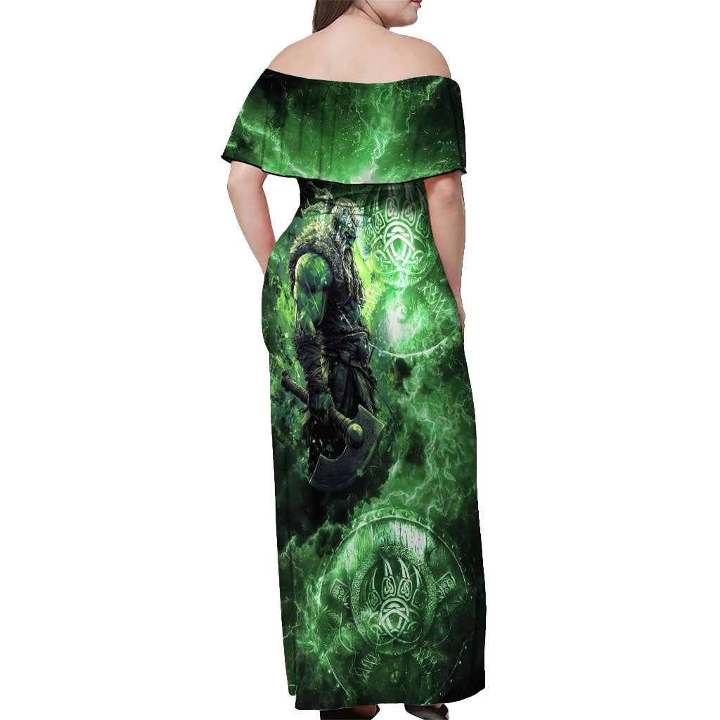 Norse Viking Warrior with Axe Off Shoulder Maxi Dress Celtic Knot Nordic Fantasy Lightning Art