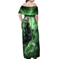 Norse Viking Warrior with Axe Off Shoulder Maxi Dress Celtic Knot Nordic Fantasy Lightning Art