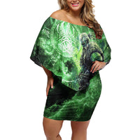 Norse Viking Warrior with Axe Off Shoulder Short Dress Celtic Knot Nordic Fantasy Lightning Art