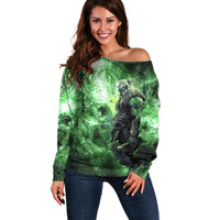 Norse Viking Warrior with Axe Off Shoulder Sweater Celtic Knot Nordic Fantasy Lightning Art