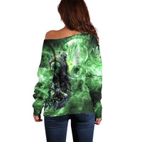 Norse Viking Warrior with Axe Off Shoulder Sweater Celtic Knot Nordic Fantasy Lightning Art