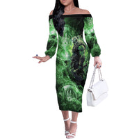 Norse Viking Warrior with Axe Off The Shoulder Long Sleeve Dress Celtic Knot Nordic Fantasy Lightning Art