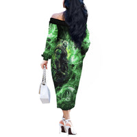 Norse Viking Warrior with Axe Off The Shoulder Long Sleeve Dress Celtic Knot Nordic Fantasy Lightning Art