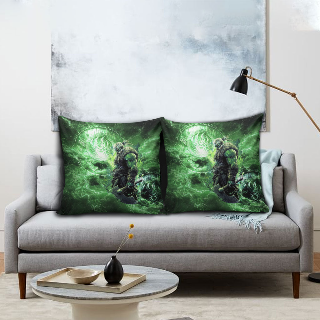 Norse Viking Warrior with Axe Pillow Cover Celtic Knot Nordic Fantasy Lightning Art