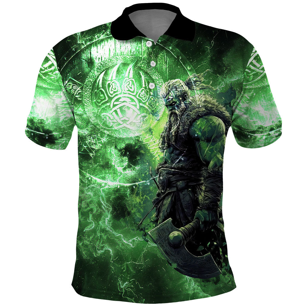 Norse Viking Warrior with Axe Polo Shirt Celtic Knot Nordic Fantasy Lightning Art