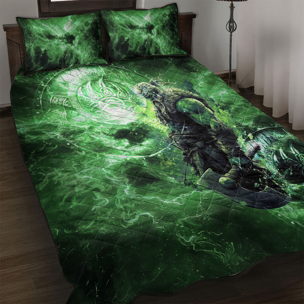 Norse Viking Warrior with Axe Quilt Bed Set Celtic Knot Nordic Fantasy Lightning Art