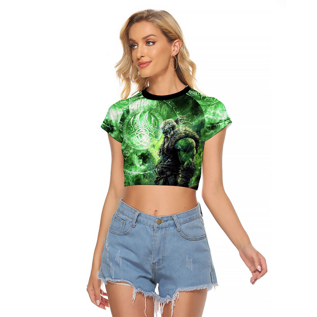 Norse Viking Warrior with Axe Raglan Cropped T Shirt Celtic Knot Nordic Fantasy Lightning Art