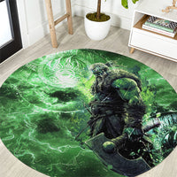 Norse Viking Warrior with Axe Round Carpet Celtic Knot Nordic Fantasy Lightning Art