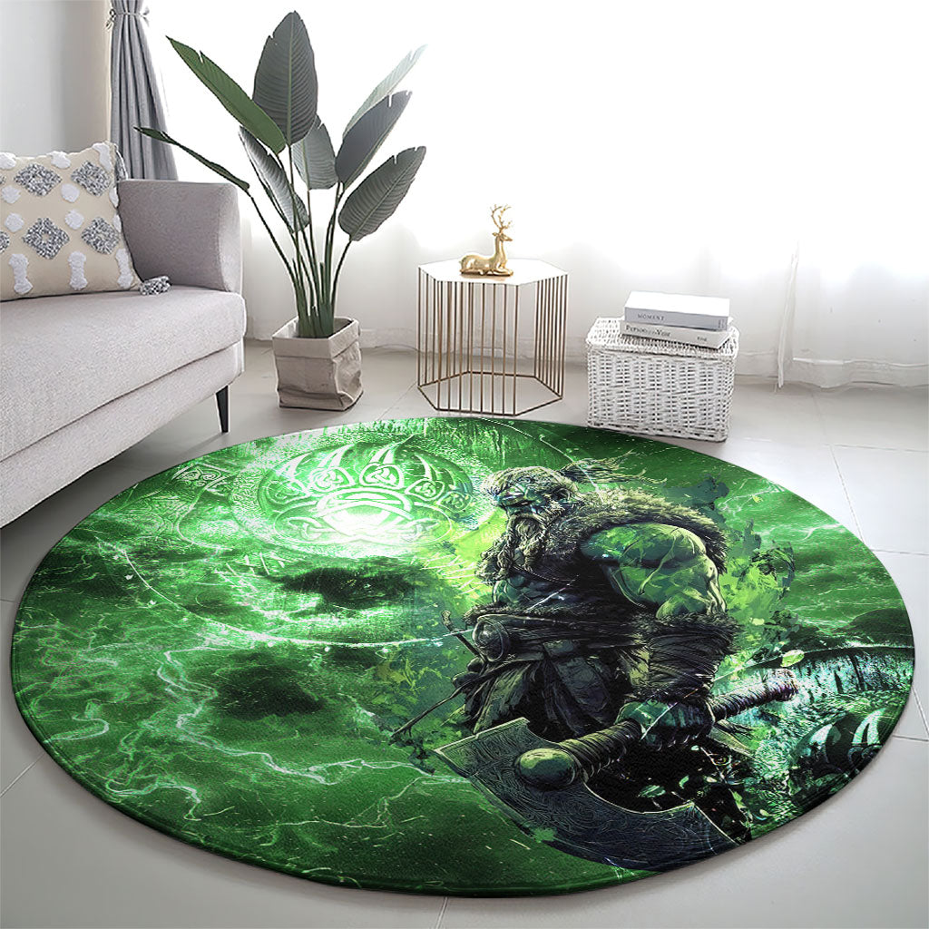 Norse Viking Warrior with Axe Round Carpet Celtic Knot Nordic Fantasy Lightning Art