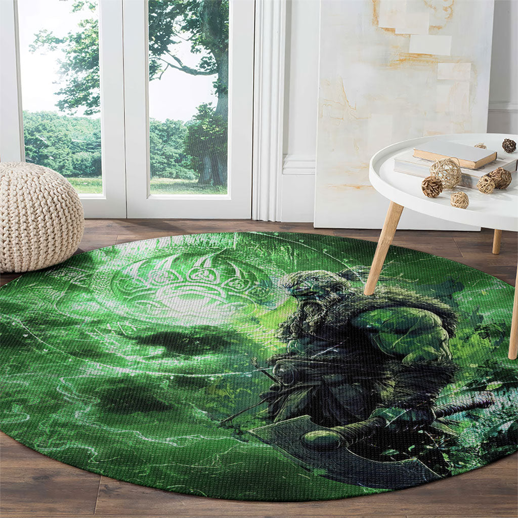 Norse Viking Warrior with Axe Round Carpet Celtic Knot Nordic Fantasy Lightning Art