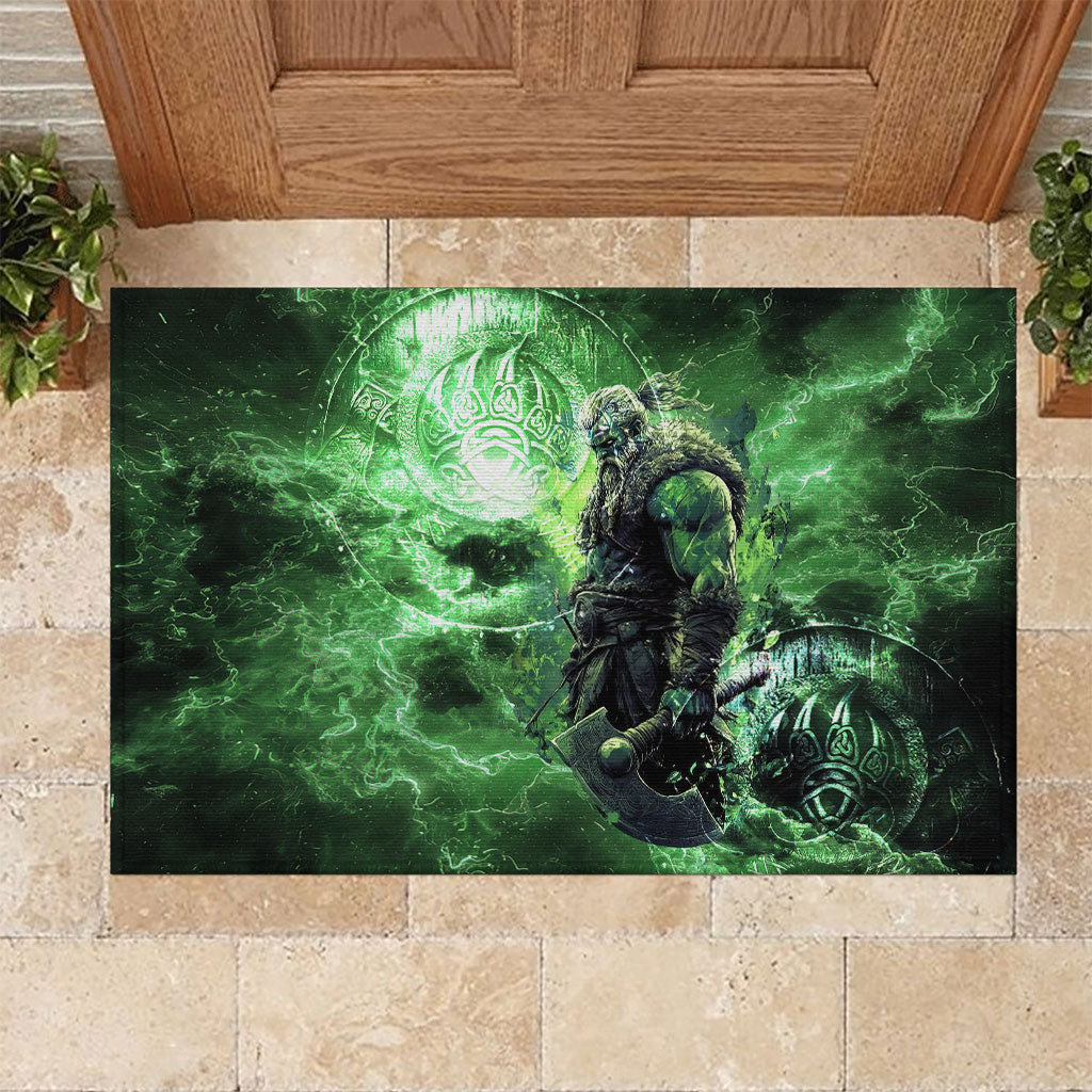 Norse Viking Warrior with Axe Rubber Doormat Celtic Knot Nordic Fantasy Lightning Art
