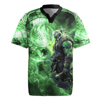 Norse Viking Warrior with Axe Rugby Jersey Celtic Knot Nordic Fantasy Lightning Art