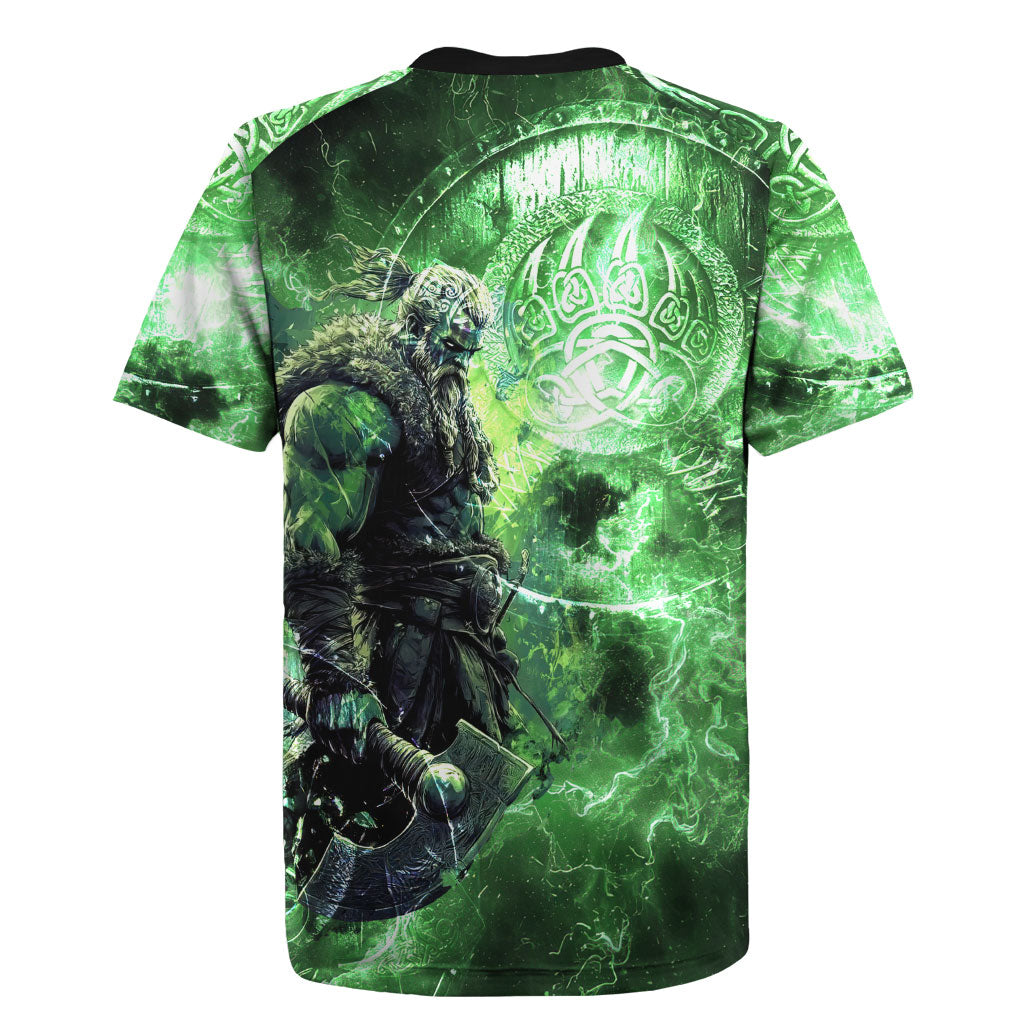Norse Viking Warrior with Axe Rugby Jersey Celtic Knot Nordic Fantasy Lightning Art