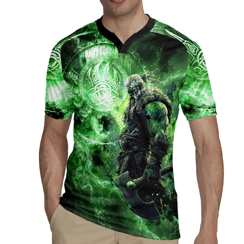 Norse Viking Warrior with Axe Rugby Jersey Celtic Knot Nordic Fantasy Lightning Art