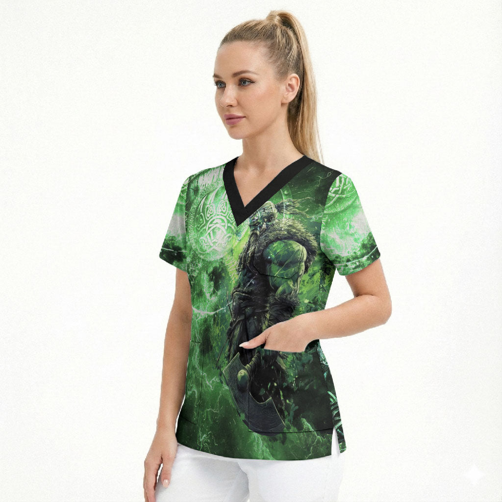 Norse Viking Warrior with Axe Scrub Top Celtic Knot Nordic Fantasy Lightning Art