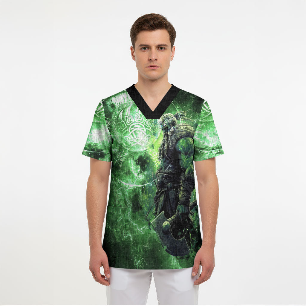 Norse Viking Warrior with Axe Scrub Top Celtic Knot Nordic Fantasy Lightning Art