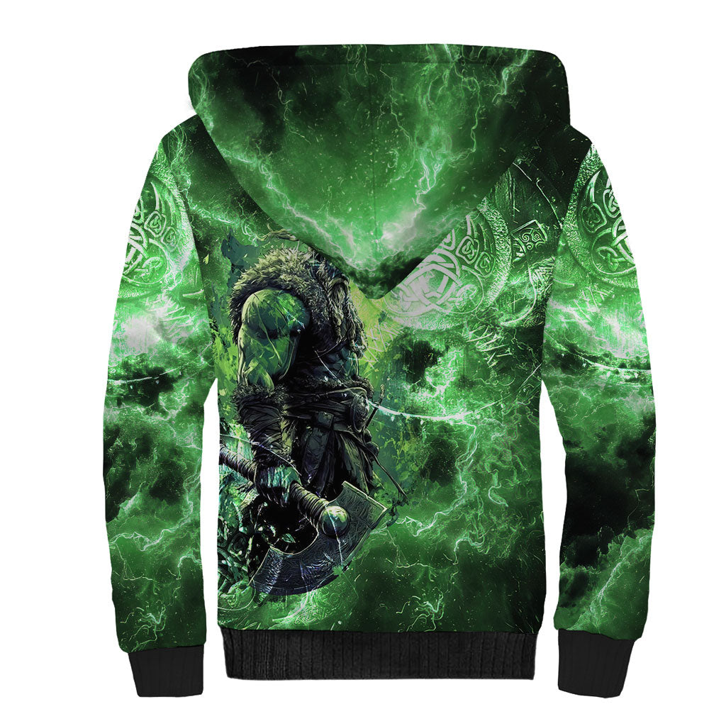 Norse Viking Warrior with Axe Sherpa Hoodie Celtic Knot Nordic Fantasy Lightning Art
