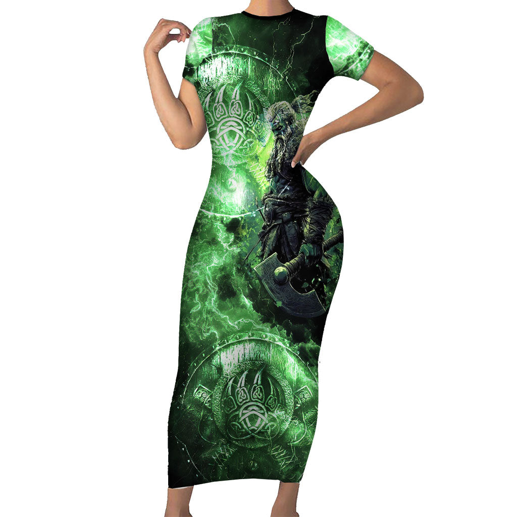 Norse Viking Warrior with Axe Short Sleeve Bodycon Dress Celtic Knot Nordic Fantasy Lightning Art