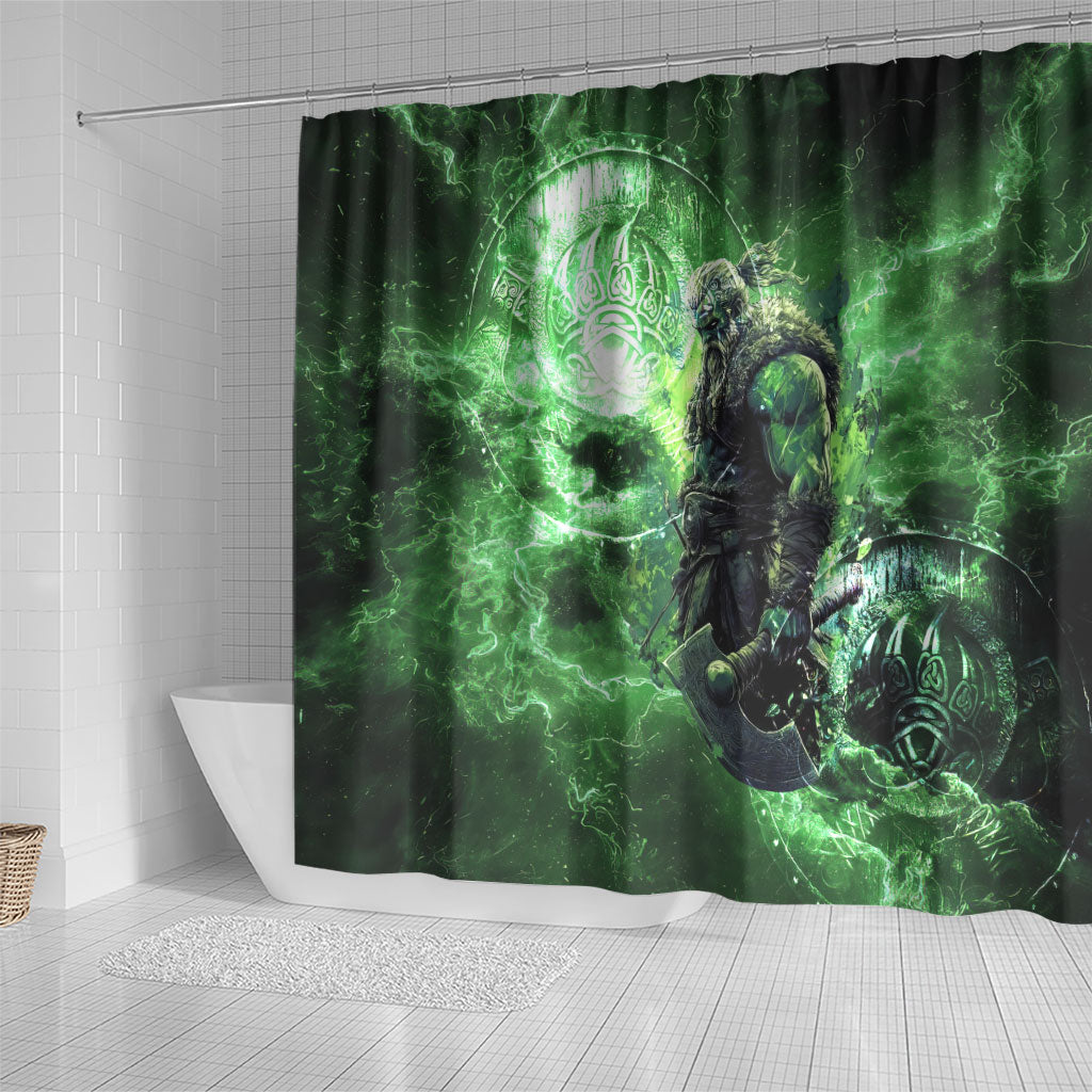 Norse Viking Warrior with Axe Shower Curtain Celtic Knot Nordic Fantasy Lightning Art