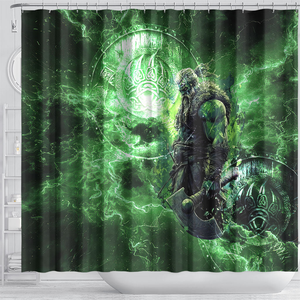 Norse Viking Warrior with Axe Shower Curtain Celtic Knot Nordic Fantasy Lightning Art
