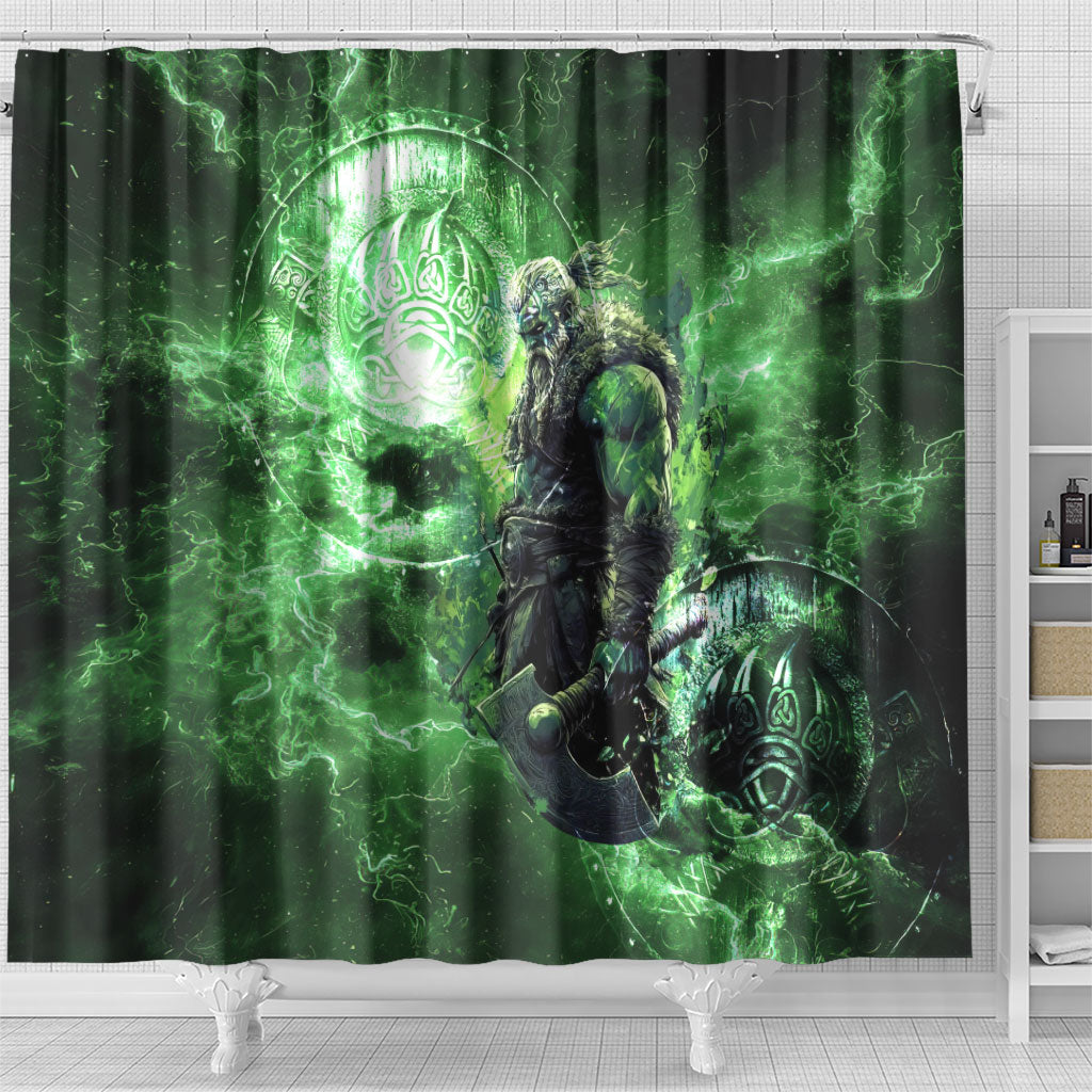 Norse Viking Warrior with Axe Shower Curtain Celtic Knot Nordic Fantasy Lightning Art