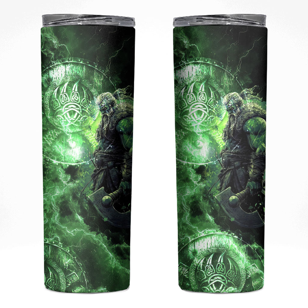 Norse Viking Warrior with Axe Skinny Tumbler Celtic Knot Nordic Fantasy Lightning Art