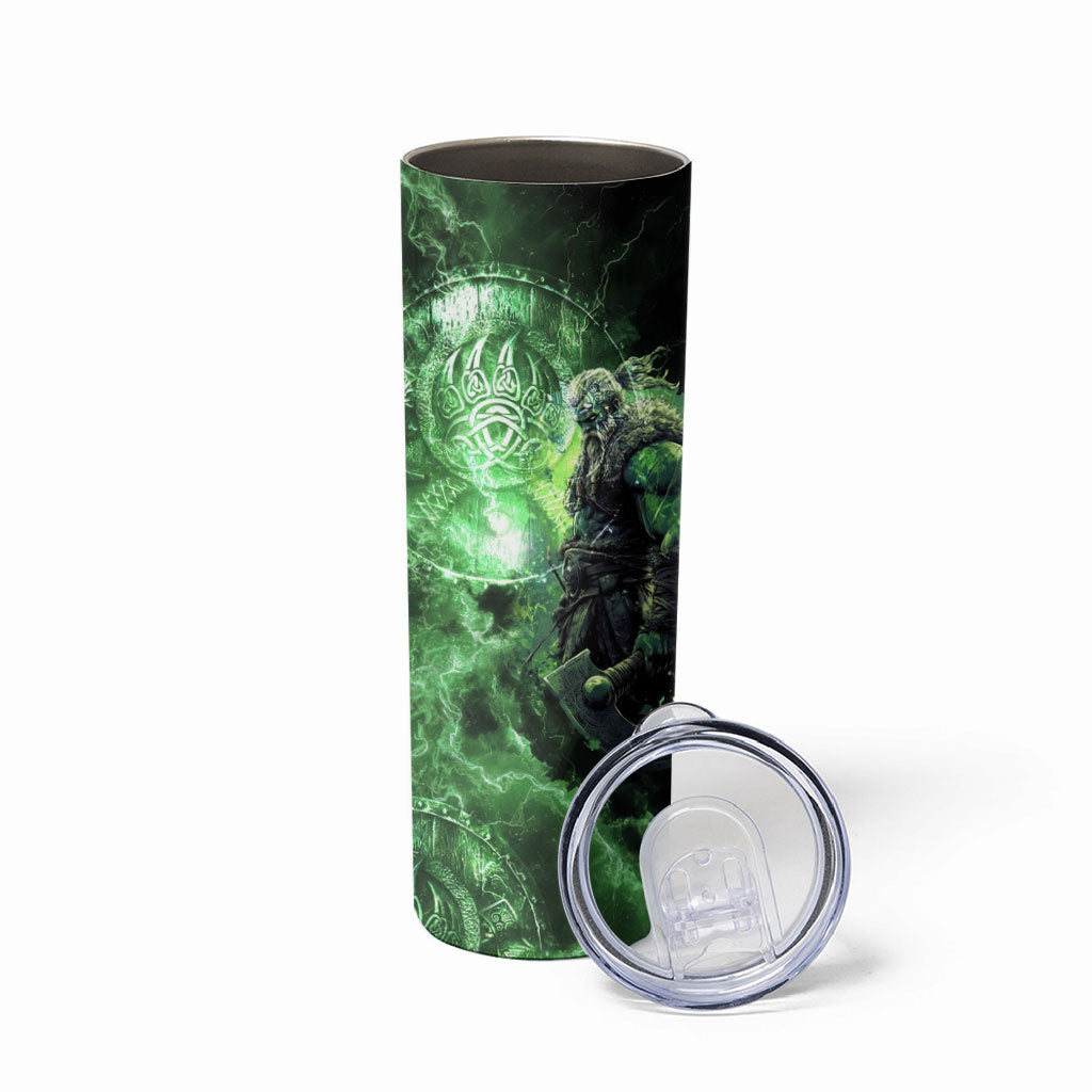 Norse Viking Warrior with Axe Skinny Tumbler Celtic Knot Nordic Fantasy Lightning Art
