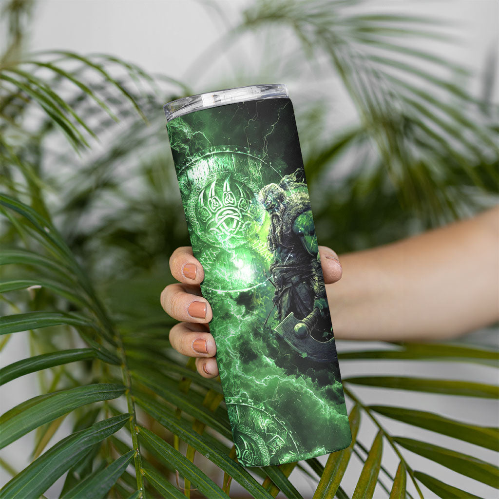 Norse Viking Warrior with Axe Skinny Tumbler Celtic Knot Nordic Fantasy Lightning Art