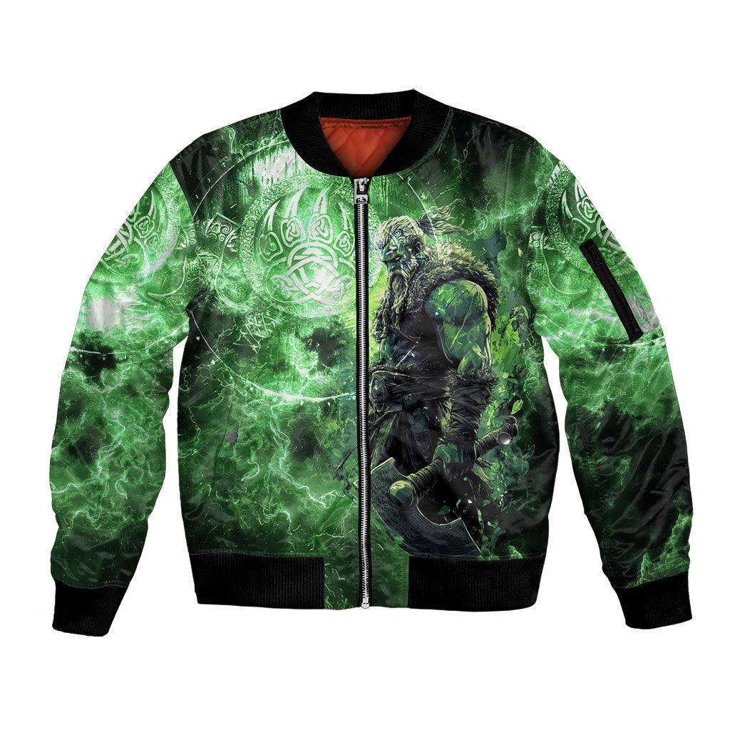 Norse Viking Warrior with Axe Sleeve Zip Bomber Jacket Celtic Knot Nordic Fantasy Lightning Art