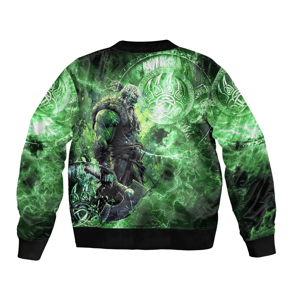 Norse Viking Warrior with Axe Sleeve Zip Bomber Jacket Celtic Knot Nordic Fantasy Lightning Art