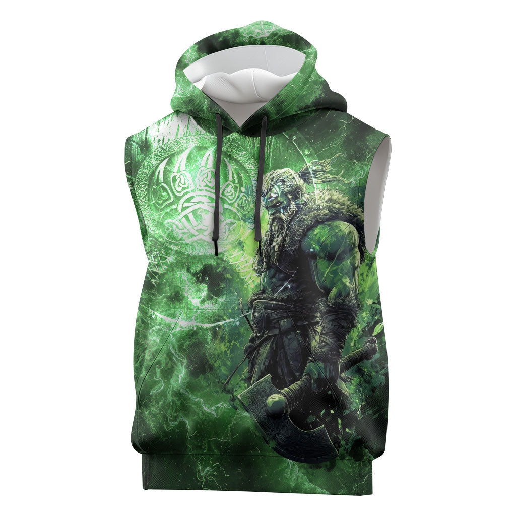Norse Viking Warrior with Axe Sleeveless Hoodie Celtic Knot Nordic Fantasy Lightning Art