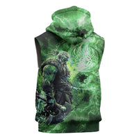 Norse Viking Warrior with Axe Sleeveless Hoodie Celtic Knot Nordic Fantasy Lightning Art