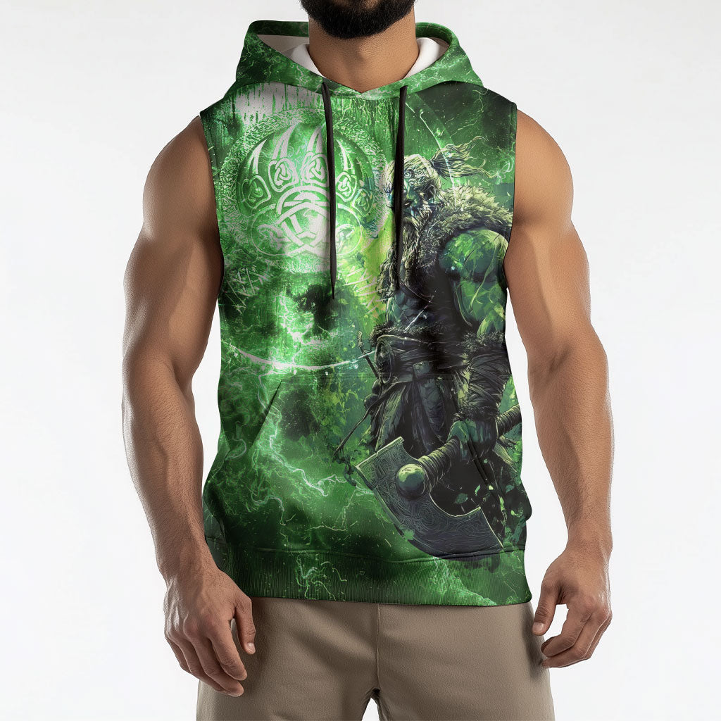 Norse Viking Warrior with Axe Sleeveless Hoodie Celtic Knot Nordic Fantasy Lightning Art