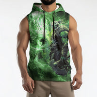 Norse Viking Warrior with Axe Sleeveless Hoodie Celtic Knot Nordic Fantasy Lightning Art