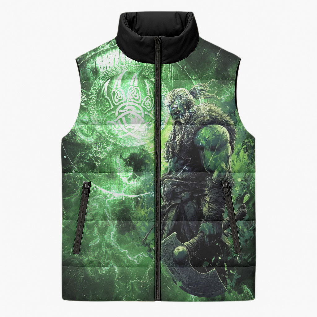 Norse Viking Warrior with Axe Sleeveless Puffer Jacket Celtic Knot Nordic Fantasy Lightning Art