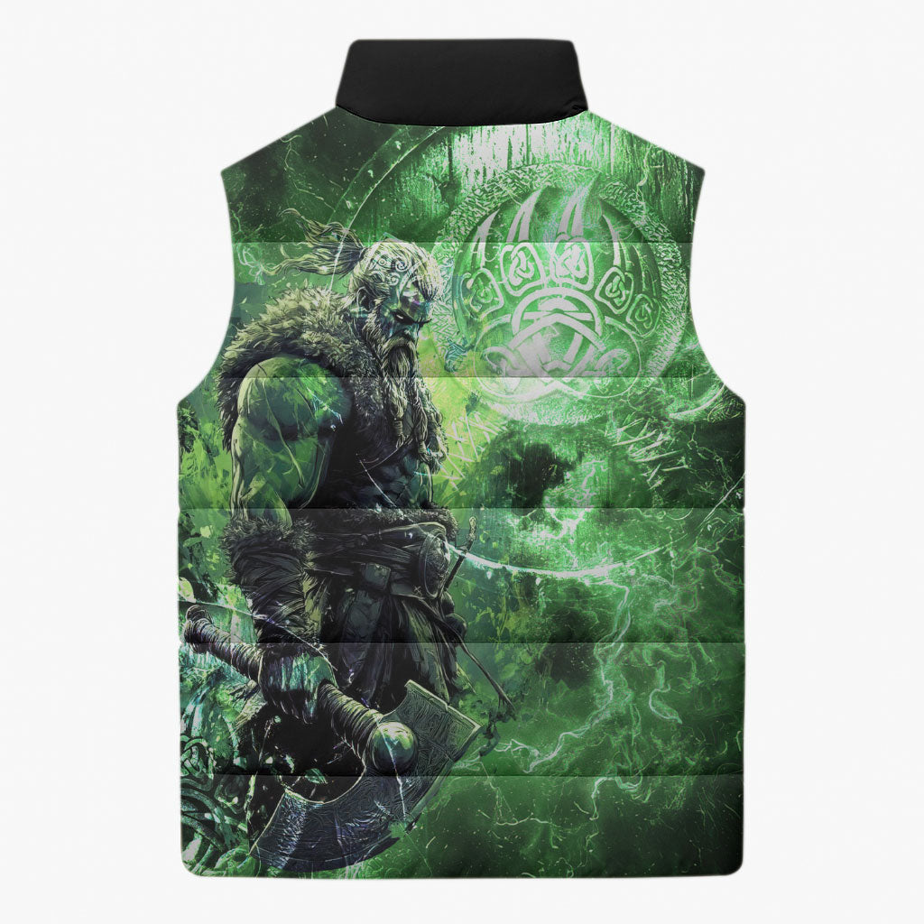 Norse Viking Warrior with Axe Sleeveless Puffer Jacket Celtic Knot Nordic Fantasy Lightning Art