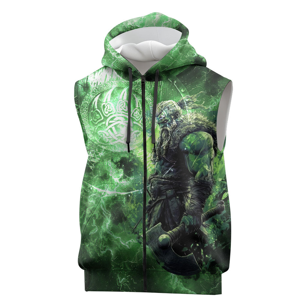 Norse Viking Warrior with Axe Sleeveless Zip Hoodie Celtic Knot Nordic Fantasy Lightning Art