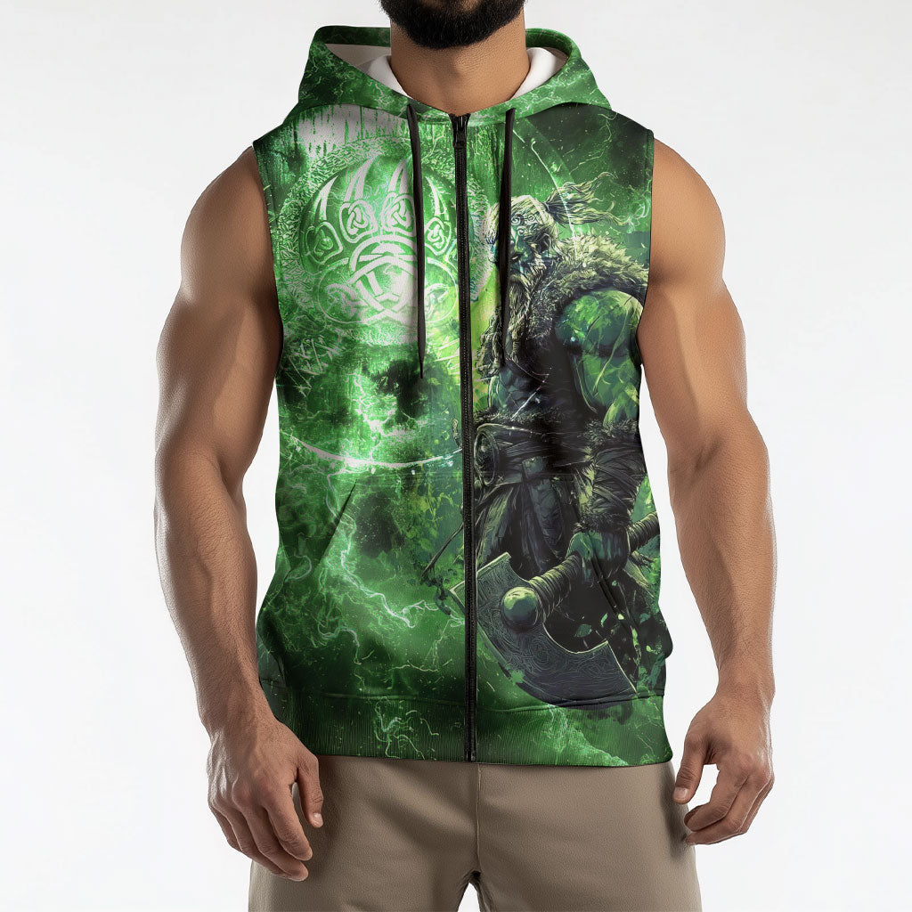 Norse Viking Warrior with Axe Sleeveless Zip Hoodie Celtic Knot Nordic Fantasy Lightning Art