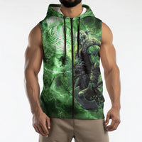 Norse Viking Warrior with Axe Sleeveless Zip Hoodie Celtic Knot Nordic Fantasy Lightning Art