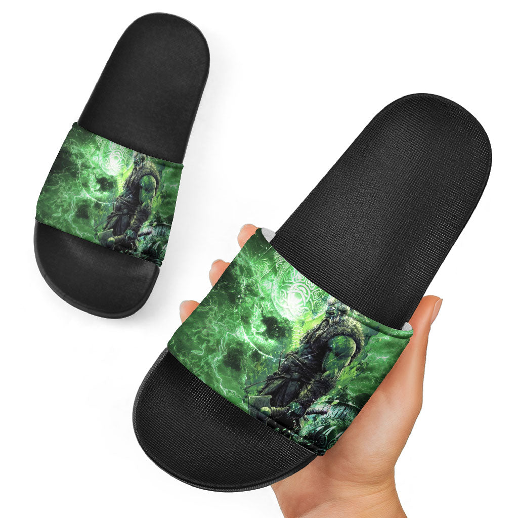 Norse Viking Warrior with Axe Slide Sandals Celtic Knot Nordic Fantasy Lightning Art