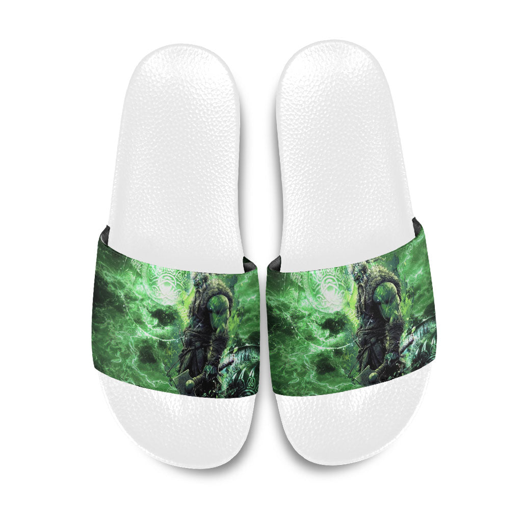 Norse Viking Warrior with Axe Slide Sandals Celtic Knot Nordic Fantasy Lightning Art