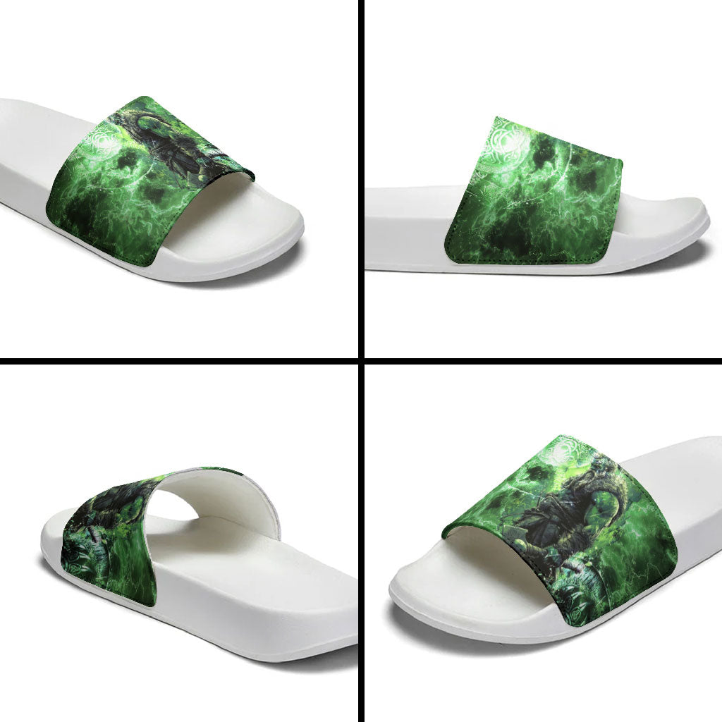 Norse Viking Warrior with Axe Slide Sandals Celtic Knot Nordic Fantasy Lightning Art