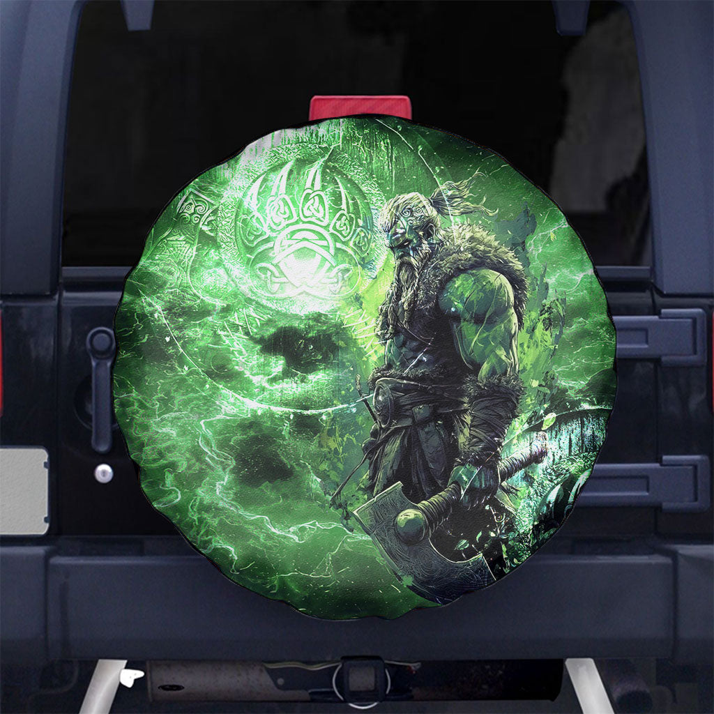 Norse Viking Warrior with Axe Spare Tire Cover Celtic Knot Nordic Fantasy Lightning Art