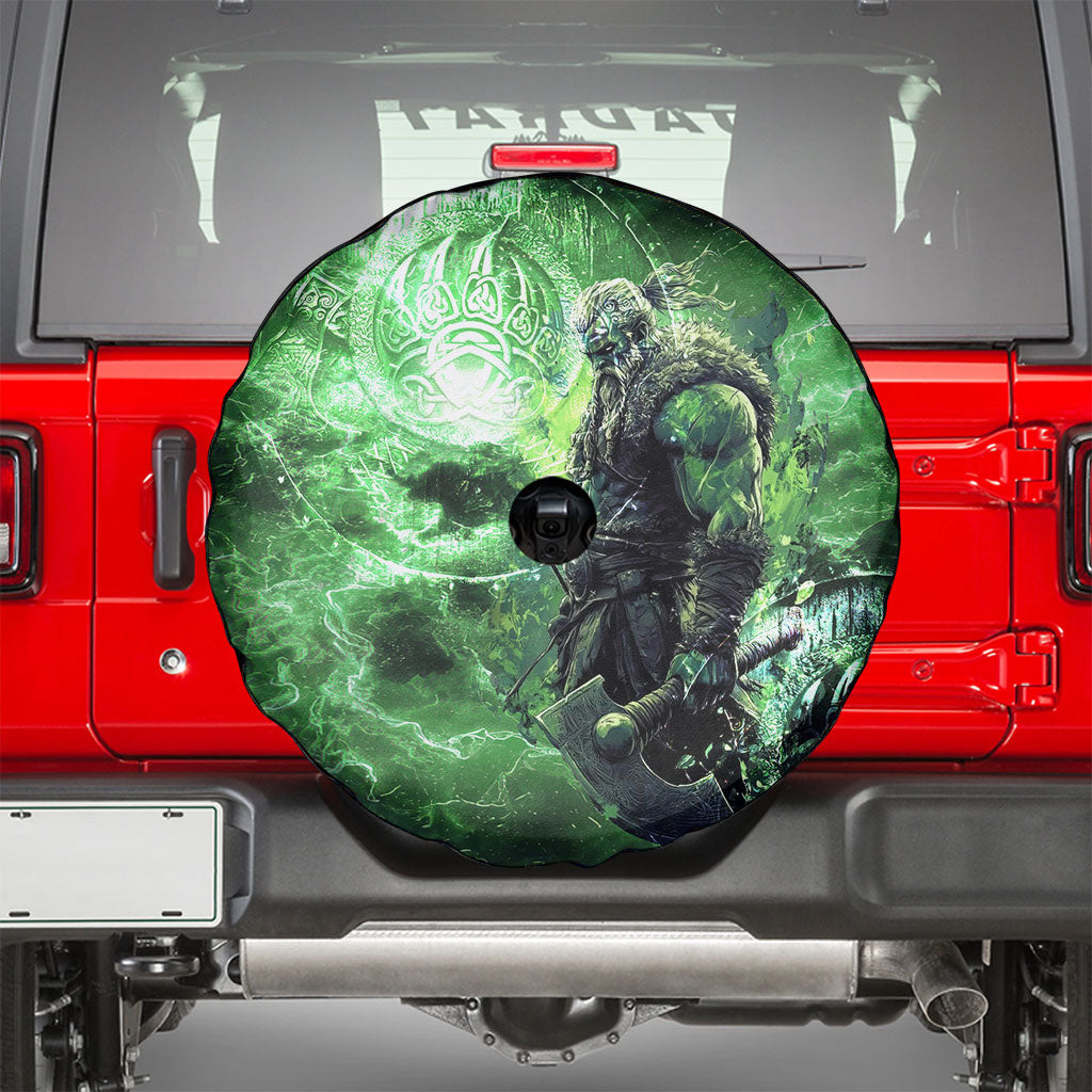 Norse Viking Warrior with Axe Spare Tire Cover Celtic Knot Nordic Fantasy Lightning Art