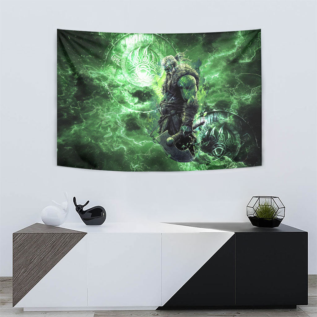 Norse Viking Warrior with Axe Tapestry Celtic Knot Nordic Fantasy Lightning Art